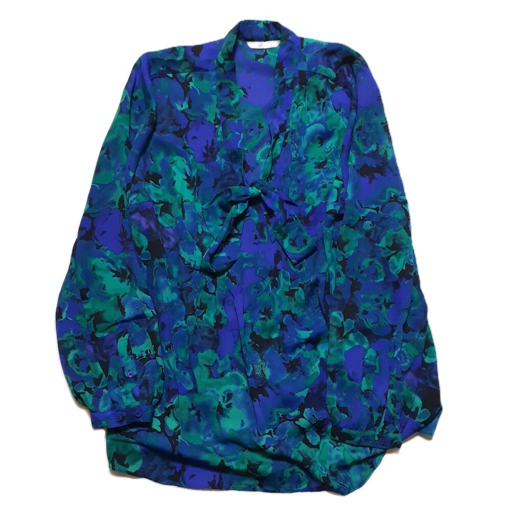 Top Isaac Mizrahi L Blue/Black/Teal Blouse Women Long-Sleeve Floral Pattern